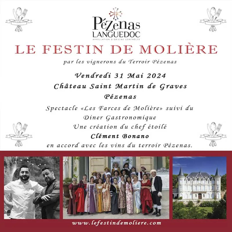 le festin de molière à pézenas, diner gastronomique, vin du terroir, spectacle théâtre