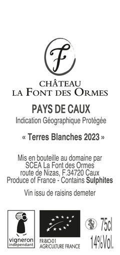 Contre-étiquette de Terres Blanches 2023 avec les mentions réglementaires