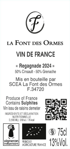 Contre-étiquette de Regagnade 2024 avec les mentions réglementaires
