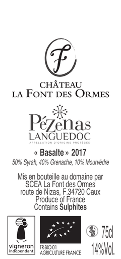 Contre-étiquette de Basalte 2017, avec l’appellation, l’assemblage, le degré et les mentions réglementaires