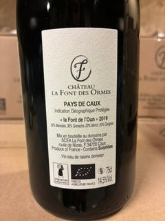 Contre-étiquette de La Font de l’Oun 2019 sur la bouteille livrée, portant l’assemblage 30 % Marselan, 30 % Grenache, 20 % Merlot, 20 % Carignan et le degré de 14,5 % vol