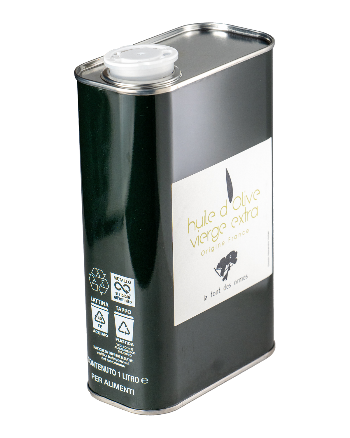 Bidon métal de 1 litre d’huile d’olive vierge extra de la Font des Ormes, étiquette blanche sur fond vert foncé