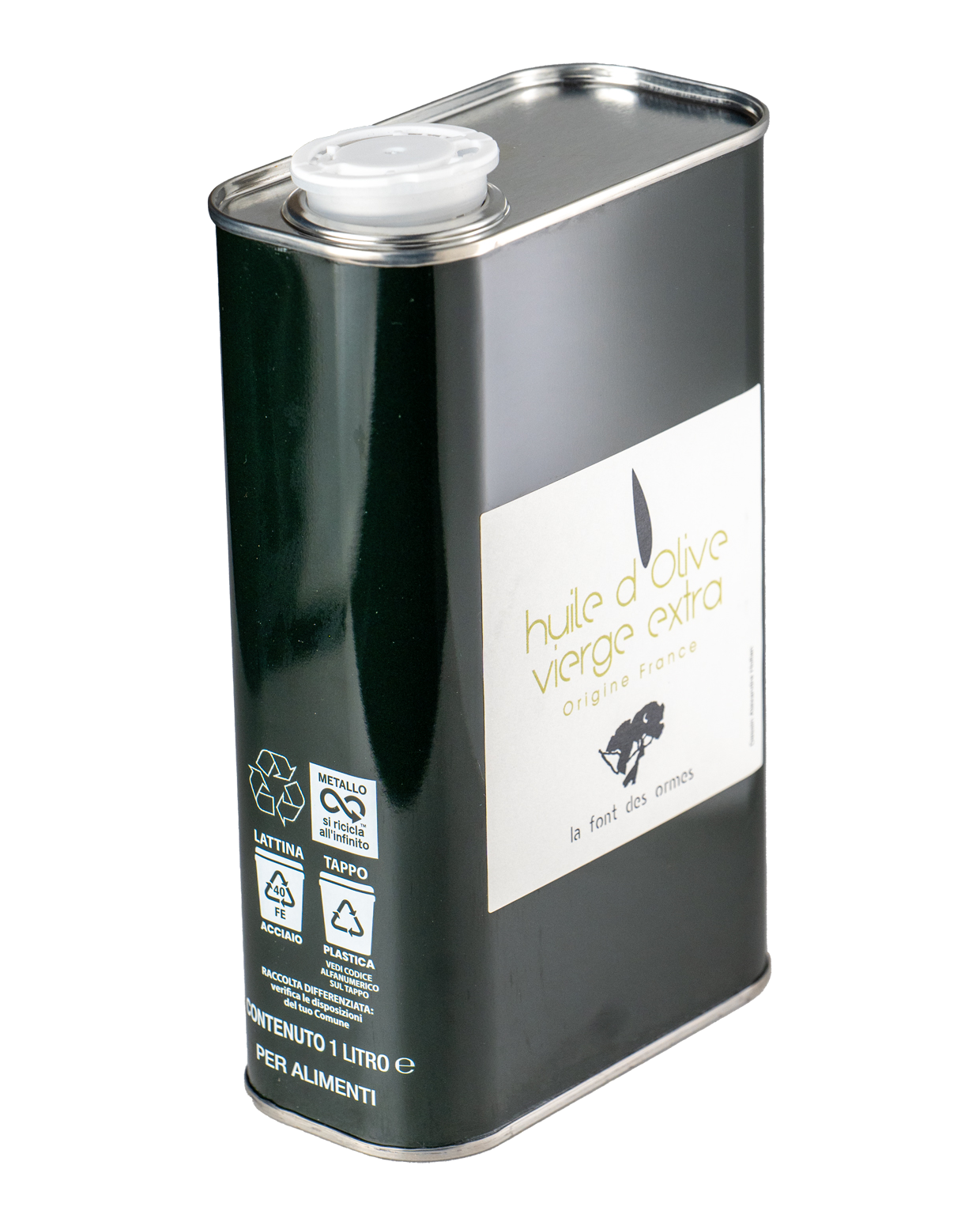 Bidon métal de 1 litre d’huile d’olive vierge extra de la Font des Ormes, étiquette blanche sur fond vert foncé