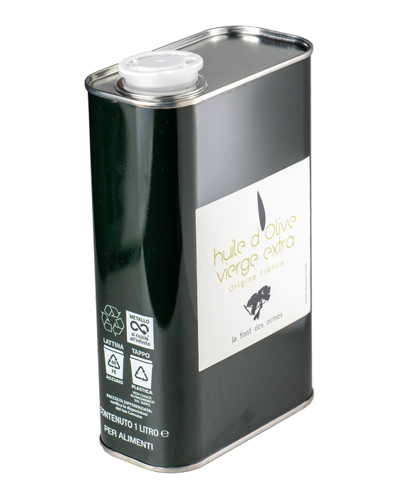 Bidon métal de 1 litre d’huile d’olive vierge extra de la Font des Ormes, étiquette blanche sur fond vert foncé