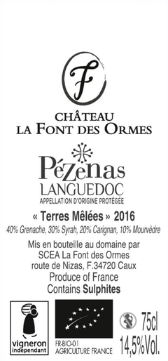 Contre-étiquette de Terres Mêlées 2016, avec l’appellation, l’assemblage, le degré et les mentions réglementaires