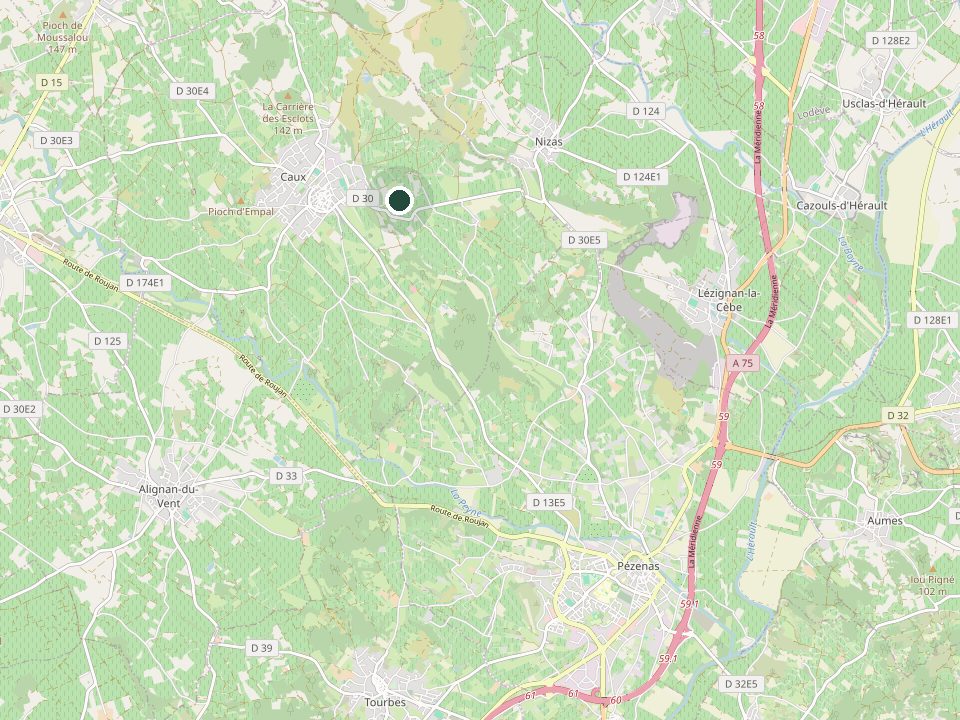Plan situant le Domaine de la Font des Ormes entre Caux et Pézenas, dans l’Hérault.